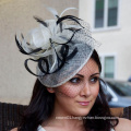 Ivory Fascinator - Ivory & Black Fascinator Hat Headband w/Ribbon Waves a Black Birdcage Veil